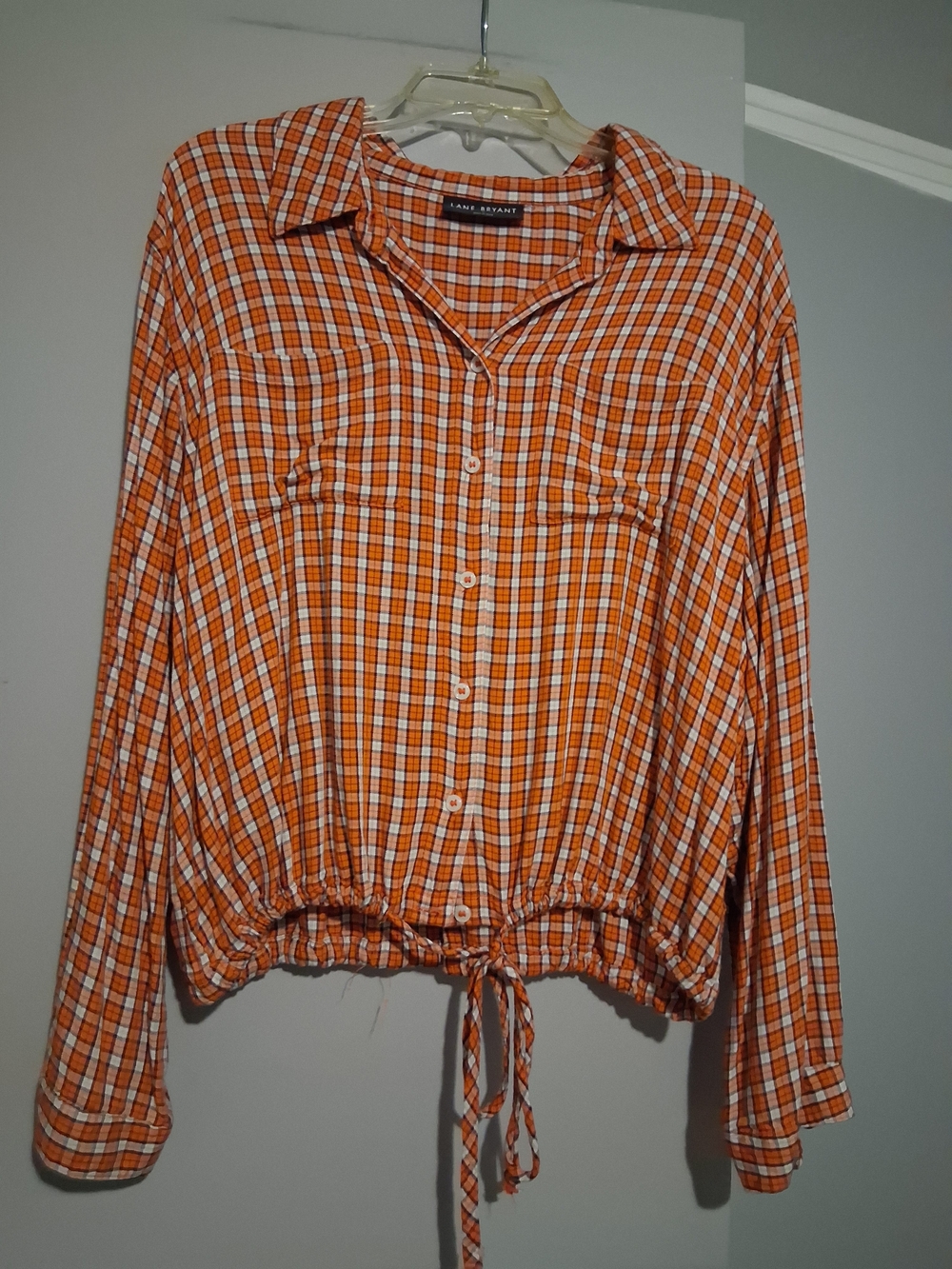 Lane Bryant Orange White Plaid Button-Front Drawstring Shirt